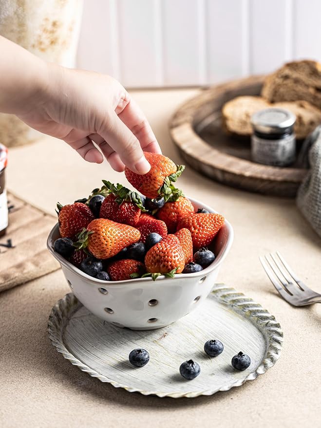 Gomakren Ceramic Berry Basket Set of 2, Elegant Fruit Basket Container 6 Inch, Fruit Bowl with Holes for Kitchen Counter, Berries, Strawberry, Grape, Cherry, Floral Shape - White - Image 8