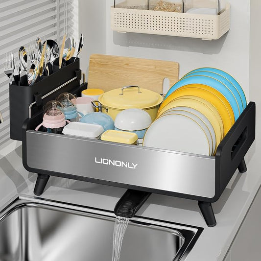 Dish Drying Rack, Thicker Premium Aluminum Frame and 304 Stainless Steel Plate Rack for Kitchen Counter, Automatic Drainage Spout, Dish Drainer & Drainboard Set with Utensil Holder, Black by StartYourHomeStorageLife