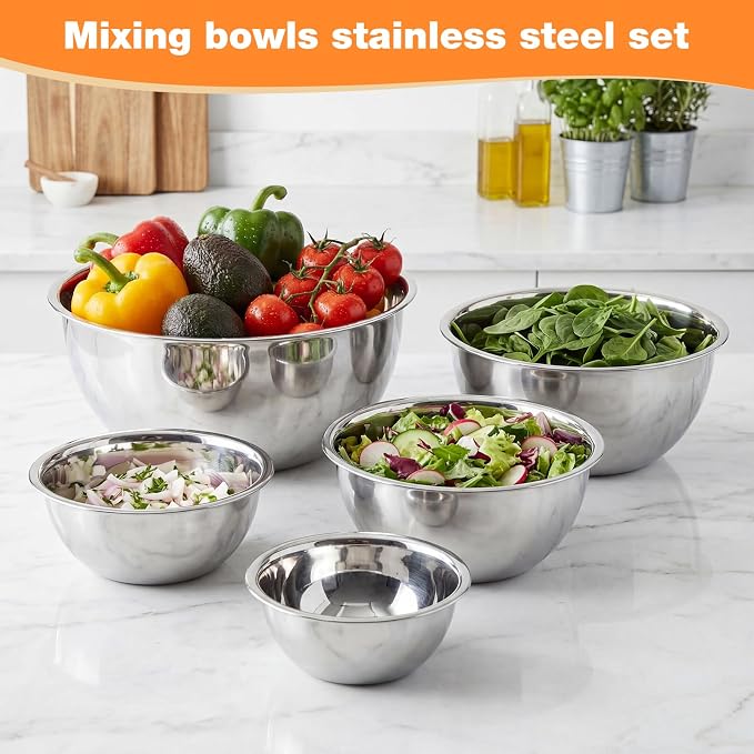Stainless Steel Mixing Bowls Set - 5-piece Polished Mirror Nesting Bowls 1.25, 2.75, 4.25, 6.25, 8 Quart Thickened Material Ideal for Kitchen, Cooking, Baking and Storage, Deep - Image 5
