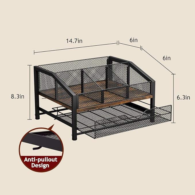 Coffee Bar Organizer - Coffee Station for Countertop, Metal and Wood K Cup holder Storage Basket with Drawer for Syrup, Cups, Stirrer, Condiment, Tea Organizer, Brown - Image 2