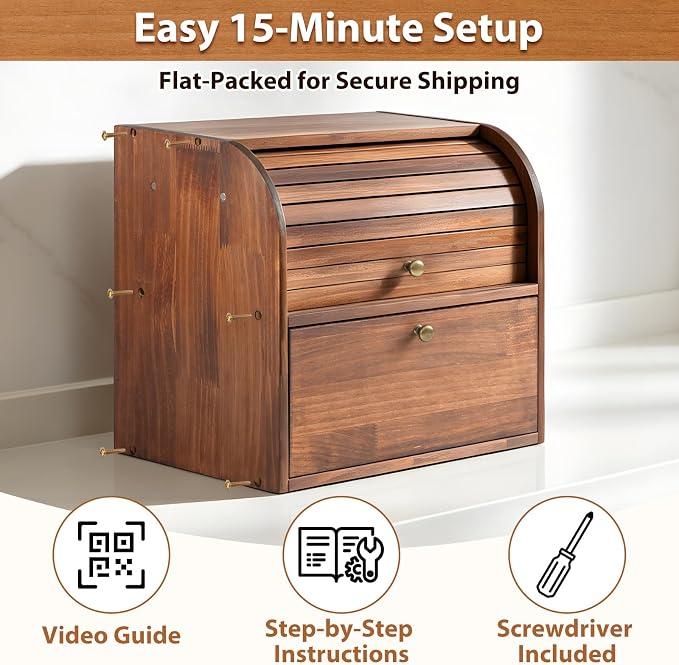 Sunhoo Wooden Bread Box for Kitchen Countertop, Roll Top Breadbox, Brown | Large Double Layer Pantry Container, Solid Wood with Cutting Board, Fresh Homemade Sourdough Bin Cabinet, Vintage Farmhouse - Image 4