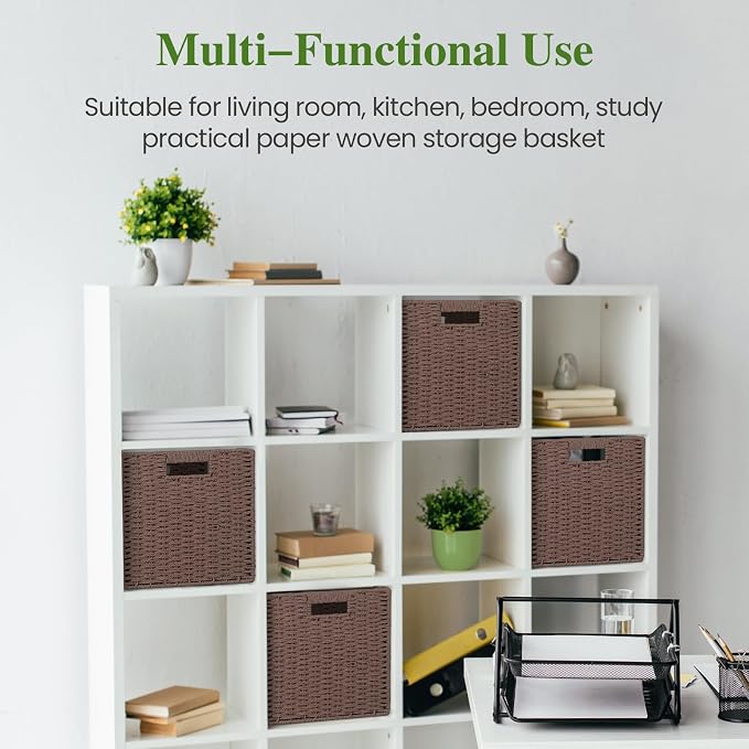 Patvingot 11-Inch Paper Rope Wicker Basket with Built-In Handles,4 Pack | For books, throws and accessories on open shelves, decorative woven texture, metal frame supports the shape, folds flat - Image 6