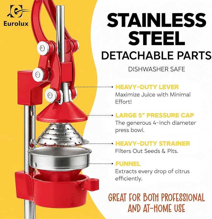 Eurolux Ultra-Premium Cast Iron Juicer | Extra-Large, Heavy Duty, Commercial Grade, Stainless Steel Manual Hand Press Citrus Squeezer For Fresh Orange Juice, Pomegranate, Lemon, and Much More (Red) - Image 7