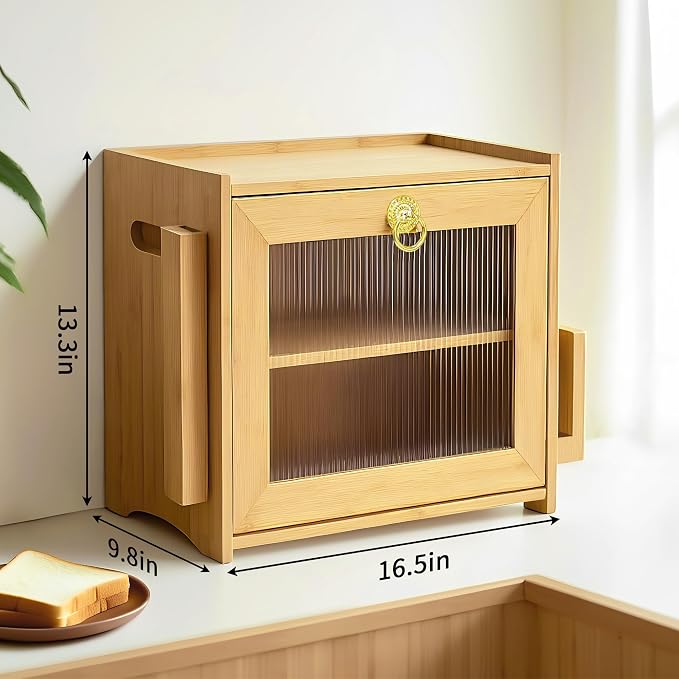 Large Bamboo Bread Box With Tempered Glass Door, Double Layer, Circle Ring | Double Layer Storage, Countertop Organizer, Bamboo Material, Tempered Glass Door, Large Capacity - Image 2