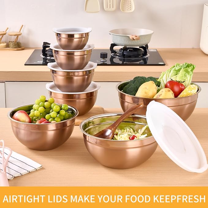 Rose Gold Mixing Bowls With Airtight Lids,Stainless Steel Bowl,Salad Bowls 7 Piece Colorful Nesting Bowl Rose Gold Kitchen Accessories,Size 7,3.6,2.7,2.1,1.5,1.1,0.8QT Stackable Design - Image 5