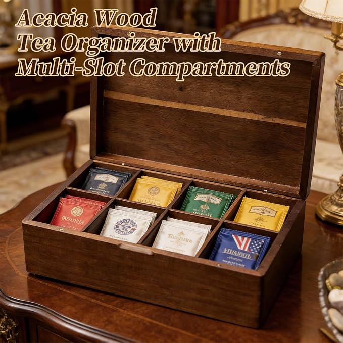 Acacia Wood Tea Bag Organizer with Compartments | Tea Packet Storage Boxes & Display Caddy, Multi-Slot Teabag Holder Container Chest, For Countertop, Organizador de Té - Image 4
