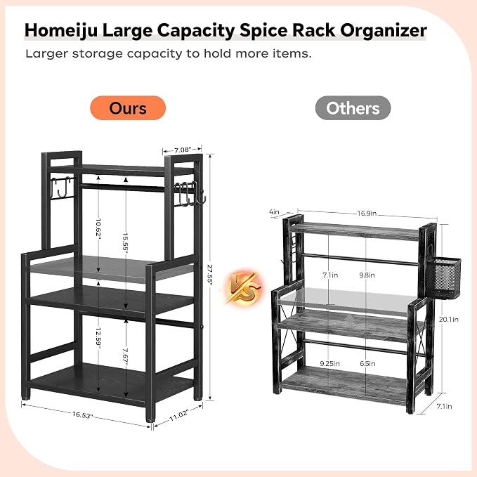 Kitchen Countertop Organizer, 3 Tier Large Spice Rack Organizer with Adjustable Shelf and 5 Hooks, Wooden Counter Organizer, Space Saving Countertop Shelf Microwave Stand for Kitchen,Coffee Bar,Black - Image 7