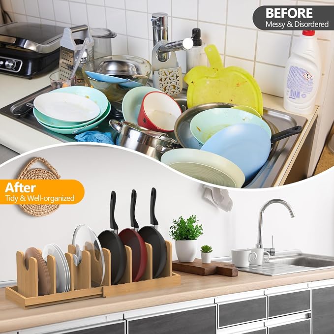 Pots and Pans Organizer under Cabinet,Pot and Pan Organizer,Lid Organizer | Expandable Bamboo Pan and Lid Organizer, 16" to 28" Adjustable Length and 10 Dividers - Image 5