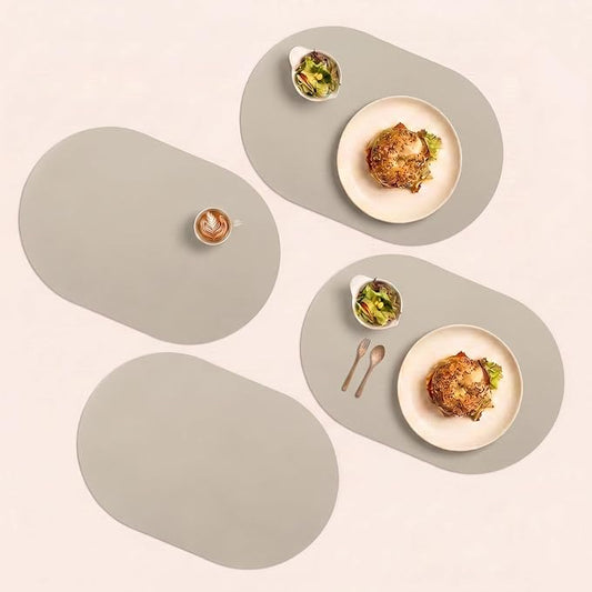 Chiffon Beige Oval Silicone Placemats Set of 4 – Heat Resistant, Waterproof, Easy to Clean Non-Slip Modern Dining Table Mats – Premium Leather Textured Japandi Kitchen Decor by Unknown