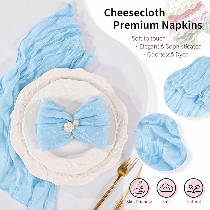 10 Pack Light Blue Cheesecloth Napkins 20"x20" Boho Washable Cloth Napkins Set of 10 Wrinkled Cheese Cloth Napkins Gauze Dinner Table Napkin for Wedding Baby Shower Birthday Party Decor - Image 3