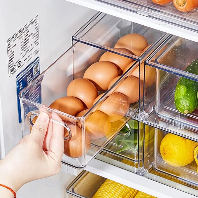 4Pack Stackable Fridge Drawers Pull-out Storage Bins with Handle Clear Food Container for Refrigerator Plastic Dresser Organizer Fruit&Veggie Keeper for Freezer Cabinet Kitchen Organization - Image 4