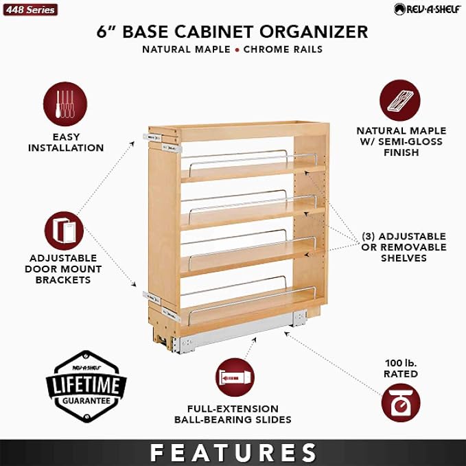 Rev-A-Shelf Maple Pullout Organizer for Full Height Base Cabinets, Full Extension Slides & Adjustable Shelves, Min Opening Width of 7", 448-BC-6C - Image 4