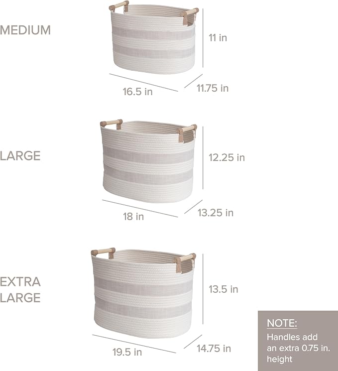 RGI Home Storage Baskets for Organizing, Textured Linen and Fabric Rope, Set of 3 Oval Decorative Woven Bins, Multi-Sized with Easy-Carry Premium Wooden Handles, Cream with Ivory Trim - Image 5
