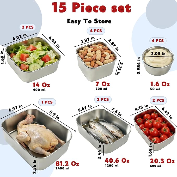 15 Pcs Stainless Steel Food Containers with Snack & Sauce Containers, 304-Grade Airtight Reusable Stackable Container for Kitchen Storage & Meal Prep & Lunch Box - Oven, Freezer, Dishwasher Safe - Image 2