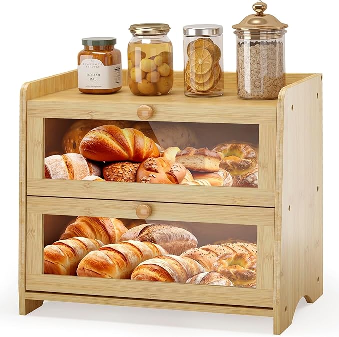Double Layer Bread Box Container for Kitchen Countertop Homemade Bread | Large Breadbox Storage Wooden Farmhouse Bread Holder (Bamboo, Large-16.54" L x 9.84" W x 14.96" H) by JANSNIMEN