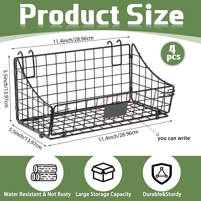 Blulu 4 Pcs Black Grid Wall Baskets, Metal Wire Wall Basket with Hooks Hanging Storage Organization Accessory for Vendor Trade Shows Kitchen Bathroom Pantry Supplies(11 x 6 x 5 Inch) - Image 2