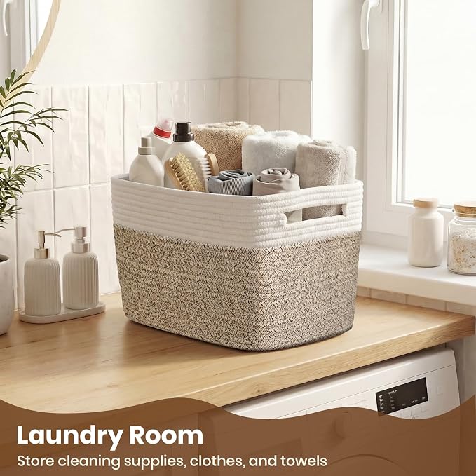 Storage Baskets for Organizing, 14 x 10 x 9” Closet Shelf Woven Baskets, Square Bins with Handles, Cotton Rope Basket for Clothes, Office, Room, White+Rice Brown 3 Pack - Image 7