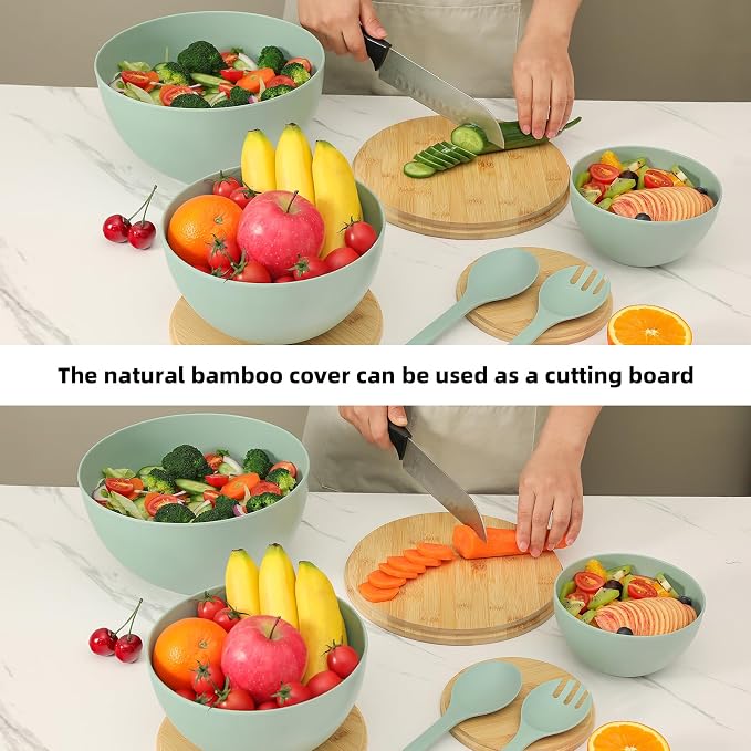 ECOWAY Salad Bowls Set of 3 with Lid & Serving Utensils, Bamboo Fiber Mixing Bowls Set Large Serving Bowls & Storage Set with Bamboo Lid for Salad, Kitchen Eating, Pasta, Popcorn, Chips, Fruit, Cyan - Image 7
