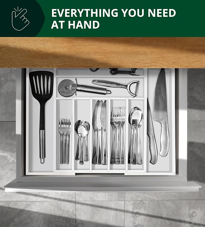 ROYAL CRAFT WOOD Luxury Bamboo Kitchen Drawer Organizer - Silverware Organizer - Utensil Holder and Cutlery Tray with Grooved Drawer Dividers for Flatware and Kitchen Utensils (9 Slot, White) - Image 7