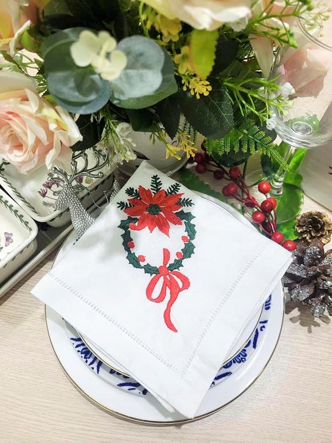 Embroidered Cloth Napkin Poinsettia Wreath Christmas Cotton Napkins Set of 6, 20 x 20 Hemstitch Table Napkins, Machine Washable, Daily & Holidays, Great Gift Ideas - Image 5