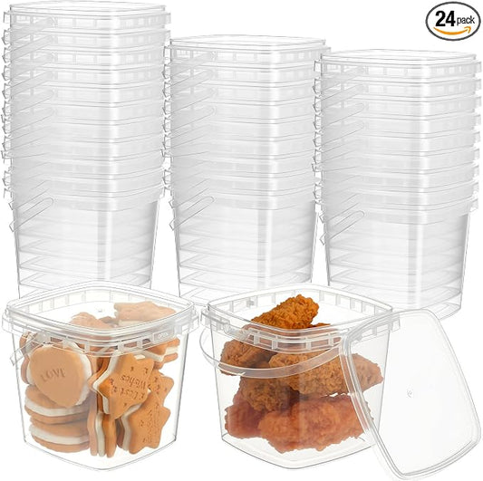 24 Pcs 16.9 oz Square Deli Containers with Lids and Handle Clear Plastic Food Containers Reusable Space Saver Restaurant Stackable Buckets for Meal Food Prep Kitchen Party Supplies by Domensi