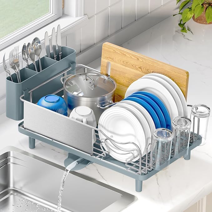 Urackify Dish Drying Rack - Stainless Steel Dish Rack with Auto Drain, Blue | Rustproof Dish Drainer with Cutlery Holder & Auto Drain, 16.9" L x 12.4" W Big Load for Plate Dish Sliverware, Light Geen by Urackify