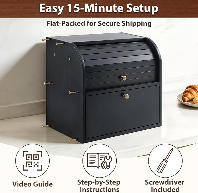 Sunhoo Wooden Bread Box for Kitchen Countertop, Roll Top Breadbox, Black | Large Double Layer Pantry Container, Solid Wood with Cutting Board, Fresh Homemade Sourdough Bin Cabinet, Vintage Farmhouse - Image 4