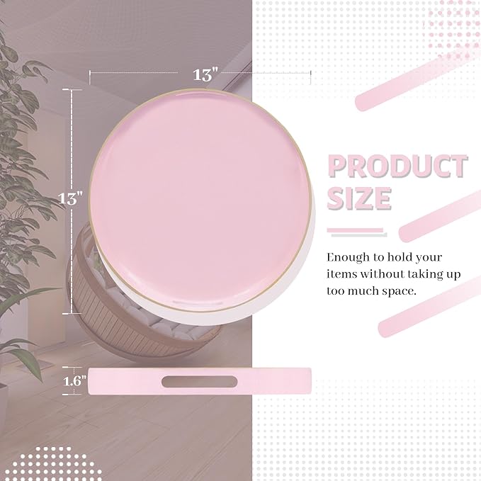 13" Pink Decorative Tray, Plastic Round Serving Tray with Handles | Decorative Tray for Coffee Table, Modern Ottoman Tray, Circle Tea Tray, Round Melamine Tray for Living Room, Bathroom - Image 2