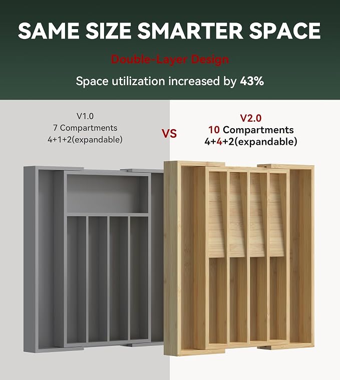 Expandable Silverware Drawer Organizer for Utensil,Bamboo 10 Slot | 10.6”-16" Wx16.7”Dx1.97”H, Vertical Storage, Kitchen Cutlery Tray Dividers for Spoons Forks Knives - Image 5