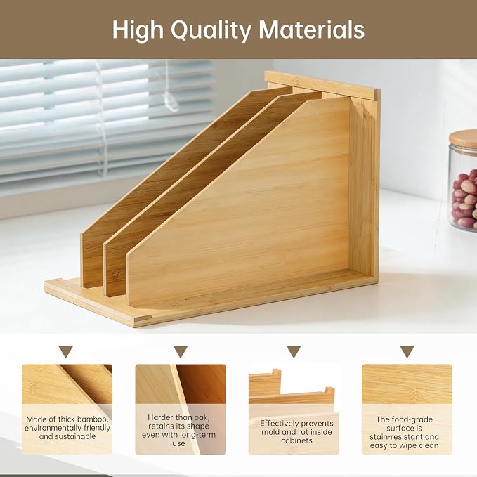 Tray Dividers for Kitchen Cabinets，cookie sheet divider for cabinet | (14"H x 21.3"D) - Bamboo Cabinet Organizer with 3 Dividers for Cookie Sheets, Baking Pans, Cutting Boards & Pot Lids - Image 4