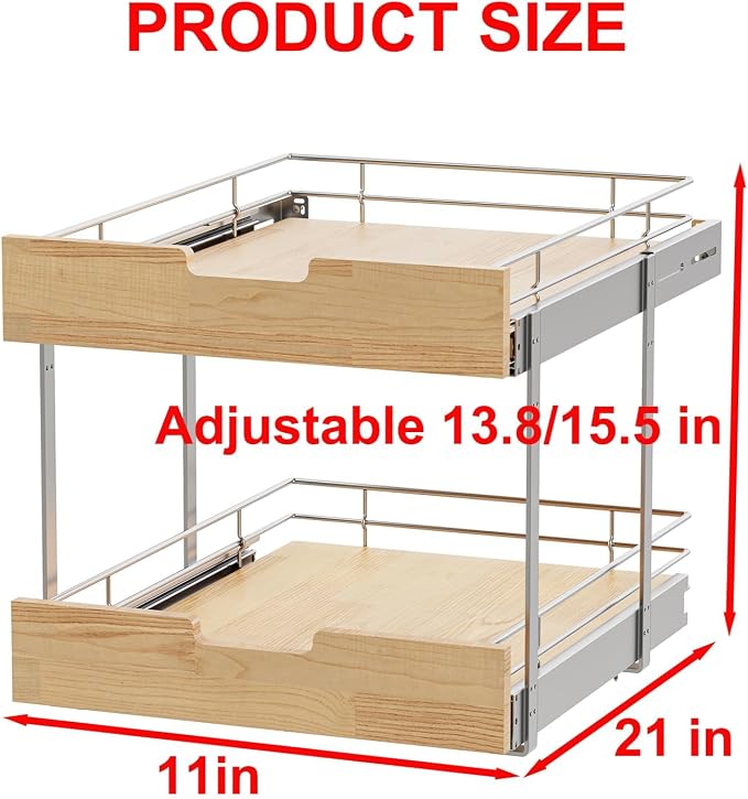Sikarou Pull Out Cabinet Organizer,Heavy-Duty Slide Out Shelf, Wood and Wire Basket, Pull Out Drawer for for Kitchen Under Sink Space, Pantry, Bathroom, 2 Tie 11 * 21 in - Image 2