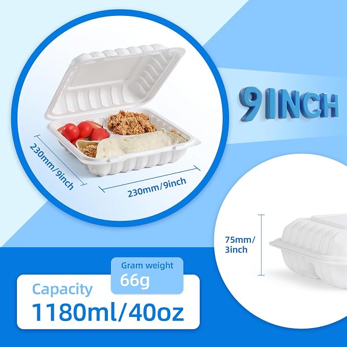 YANGRUI 100-Pack 40oz 9" 3-Compartment To Go Box Shrink Wrapped No Pre-Wash | Heavy Duty Mineral PP, Microwave Safe | Reusable Clamshell for Meal Prep, Takeout, Family Gatherings & Bulk Leftovers - Image 3