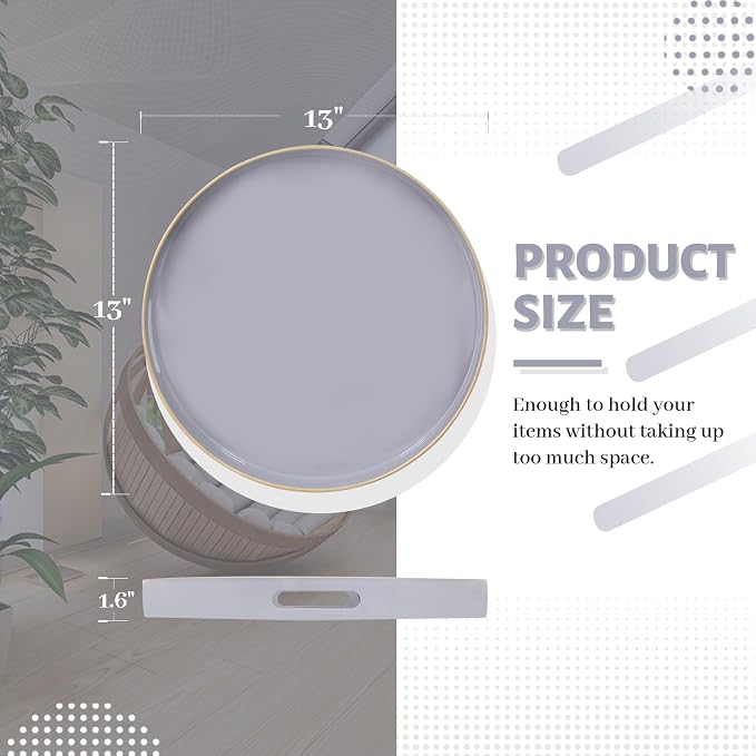 13" Gray Decorative Tray, Plastic Round Serving Tray with Handles | Grey Decorative Tray for Coffee Table, Modern Ottoman Tray, Circle Tea Tray, Round Melamine Tray for Living Room, Bathroom - Image 2