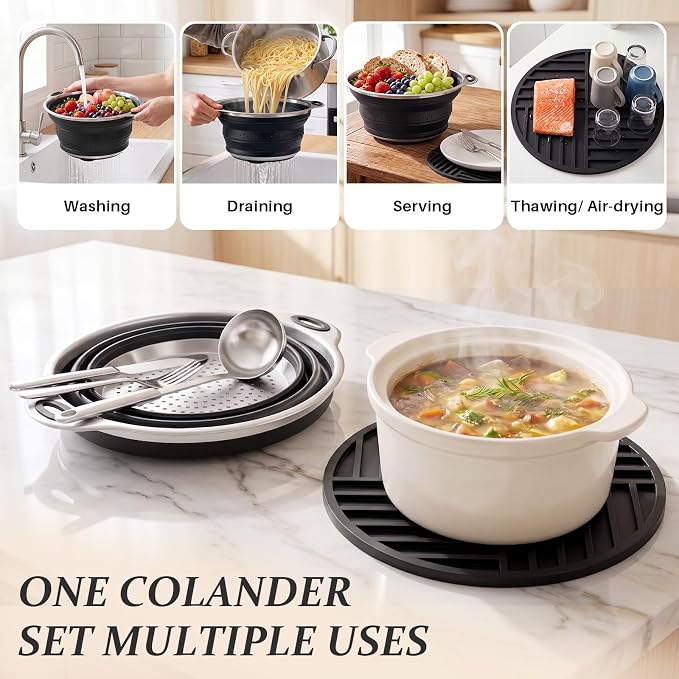 Collapsible Colander Set with Silicone Mat,2-in-1 Stainless Steel Colander for Kitchen, Foldable Metal Colander, Space-Saving for Pasta Veggies Fruit(Black) - Image 5