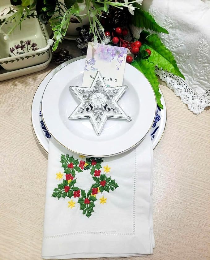 Embroidered Cloth Napkin Holly Star Christmas Cotton Napkins Set of 6, 20 x 20 Hemstitch Table Napkins, Machine Washable, Daily & Holidays, Great Gift Ideas - Image 6