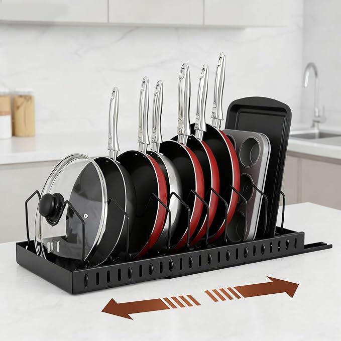 2 Pcs Pots and Pans Organizer Under Cabinet - Expandable Pull out Cabinet Organizer for Pots and Pans, Pan and Lid Organizers Inside Cabinet, Adjustable Storage Rack, Carbon Steel (Black) - Image 2