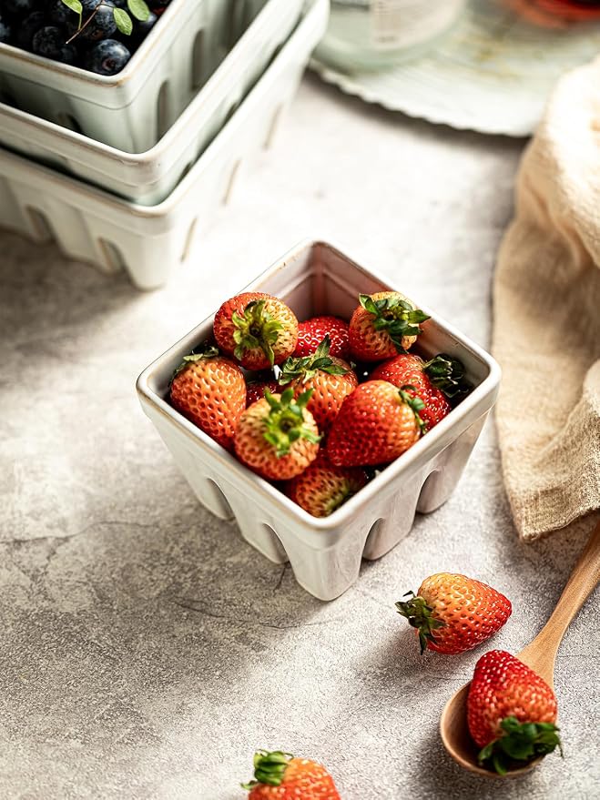 Gomakren Ceramic Berry Basket Set of 2, Square Fruit Bowl with Holes, Small Fruit Basket Containers for Kitchen Counter, Berries, Strawberry, Grape, Cherry, White - Image 7