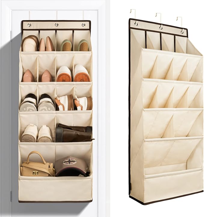 FENTEC 1 Pack Over the Door Shoe Organizers, Hanging Shoe Organizer with Large Deep Pocket Shoe Holder for Closet Shoes Rack for Wall, Over Door Shoe Storage Hold up to 18 Pairs Shoes, Beige by Fentec