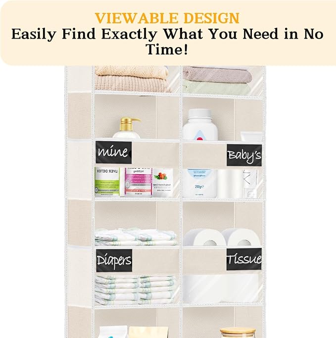 Over the Door Organizer, 5-Tier Extra Large Storage with 10 Pockets and PVC Label Pouches, 80 lbs Capacity Hanging Closet Organizer, Beige - Image 6