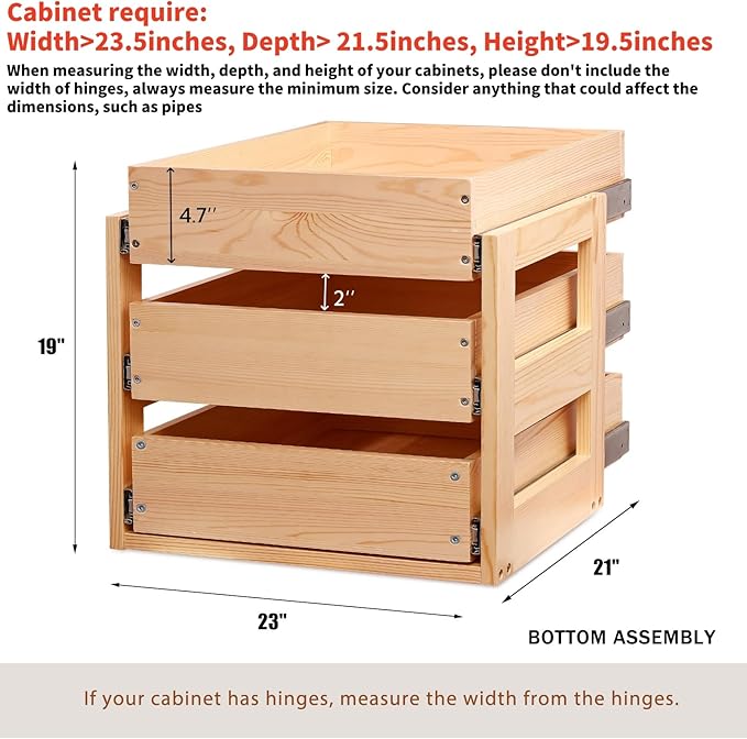 Pull Out Drawers For Cabinets, 23''W×21''D×19''H Soft Close Slide Out Wood Shelves Storage Organizer for Kitchen, 3-Tier, Finished, Heavy-Duty, Bottom Assembly - Image 3