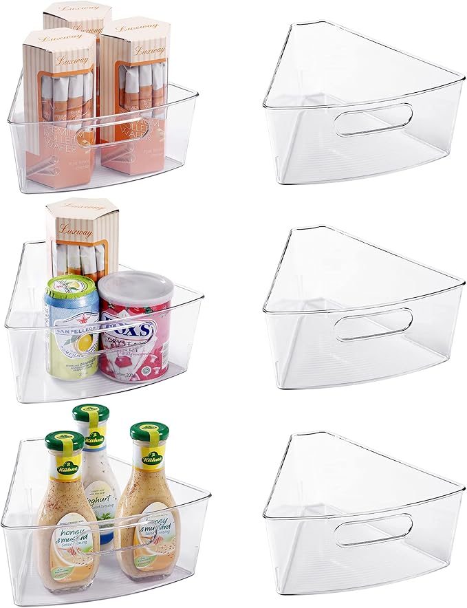 Oubonun Lazy Susan Organizers Set of 6, 12.8’’ x 11.7’’ x 4’’ Plastic Transparent Kitchen Cabinet Storage Bins with Handle, 4" Deep Container, 1/8 Wedge - Food Safe, without BPA by Oubonun