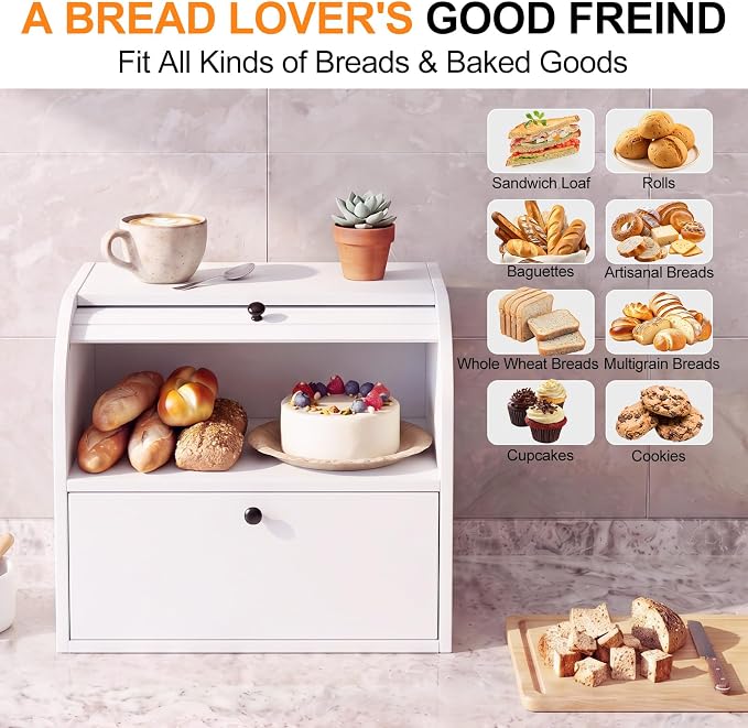 Alpeir Roll Top Bread Box with Cutting Board for Kitchen Countertop, White | Large Breadbox with Ventilation Holes, Double Layer Pantry Shelf, Wooden Homemade Bread Storage Container, Vintage Farmhouse - Image 5