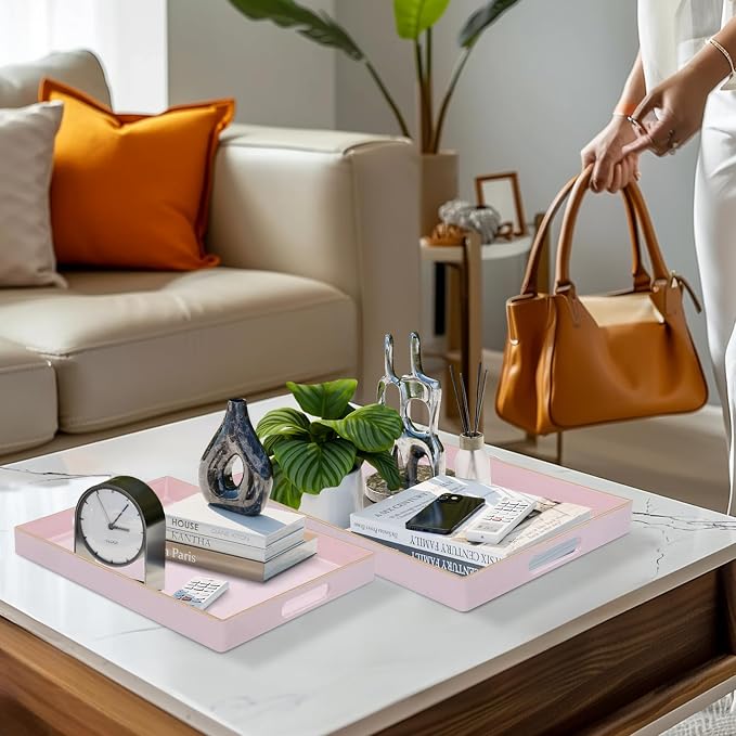 Pink Serving Tray with Handles, Plastic Decorative Tray Set of 2 | Pink Decorative Tray for Coffee Table, Modern Ottoman Tray, Rectangle Melamine Tray for Living Room, 15.8"L x 10.2"W x 1.4"H - Image 5