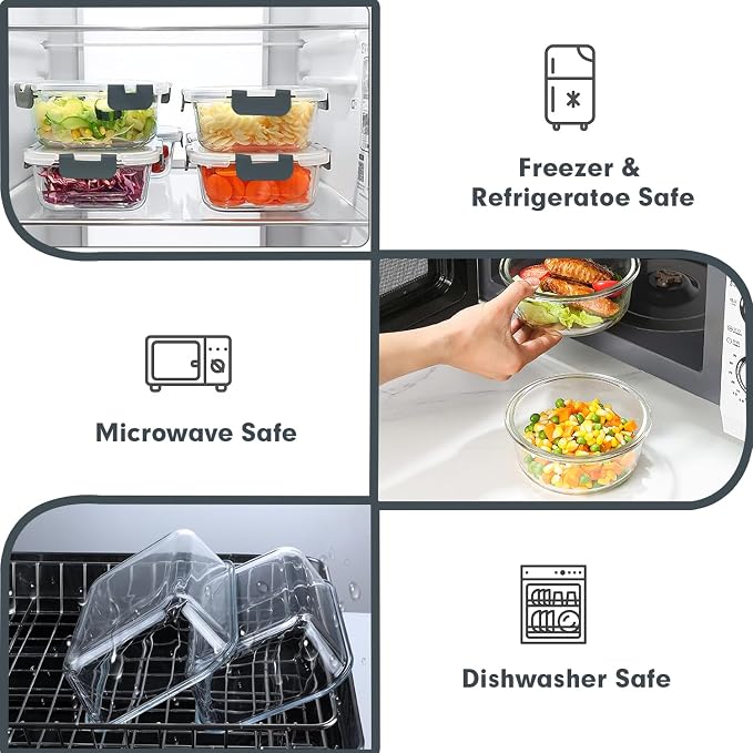 VERONES 30 Pieces Glass Food Storage Containers Set with Lids, Grey | Stackable Glass Meal Prep Containers Set with Lids, Airtight Lunch Containers, for Microwave, Oven, Freezer & Dishwasher - Image 3