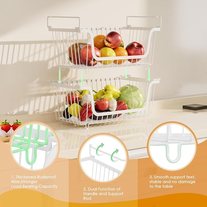4 Pcs Stackable Wire Baskets for Pantry Organizers and Storage, White | Metal Baskets with Handles,Produce Potato Onion Storage Bin,Vegetable Fruit Basket for Countertop, Kitchen Storage - Image 4