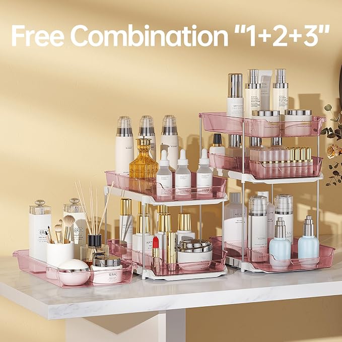 Delamu 2 Pack 3-Tier Bathroom Under Sink Organizers and Storage, Multi-Purpose Stackable Pantry Organization and Storage, Pull Out Clear Kitchen Bathroom Cabinet Organizer with Movable Dividers, Pink - Image 3