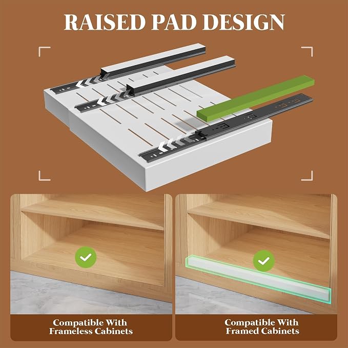Seinloes 4 Pack Expandable Pull Out Cabinet Organizer 21"Deep With Raising Pad for Framed Cabinets,Upgrade 3 Slide Rails Slide Out Drawers,No Drill Roll Out Shelves,Adjustable Width 12.1"-20.4" White - Image 4