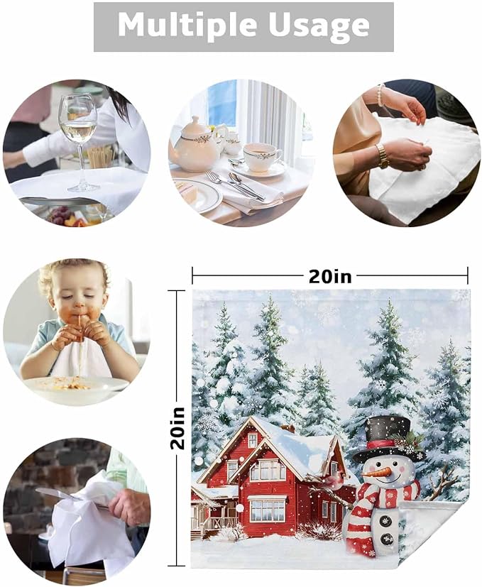 Christmas Snowman Cloth Napkins Set of 8, Farmhouse Xmas Tree Winter Snowflake Dinner Napkins Cloth Washable, Cocktail Napkins Reusable for Wedding, Party, Birthday (20"x20") - Image 7