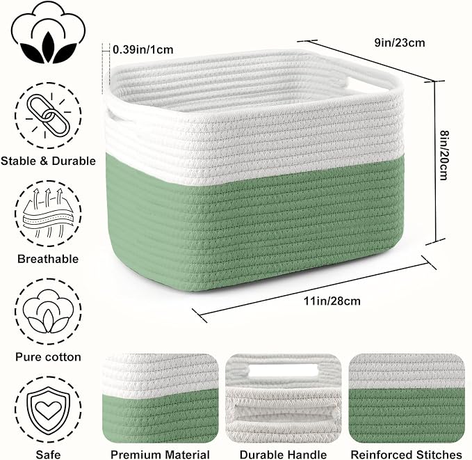 4 Pack Storage Baskets for Organizing, 11''Lx9''Wx8''H Woven Baskets for Storage Toys, Towels, Books, and Clothes, Cotton Rope Basket for Shelves with Handle - Image 2