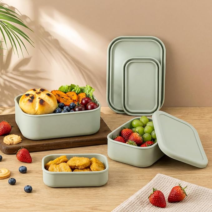 2 Sets of 6 Silicone Food Storage Containers, Reusable Lunch Bento Box with Lid, Hard Shell Storage Containers, Microwave Dishwasher Freezer Safe, 10 oz, 23.6 oz, 44 Ounce(Sage Green) - Image 4